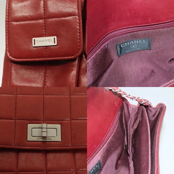 CHANEL Choco Bar Chain Shoulder Bag Lamb Skin Red Silver CC Auth BA3678 - Picture 15 of 15